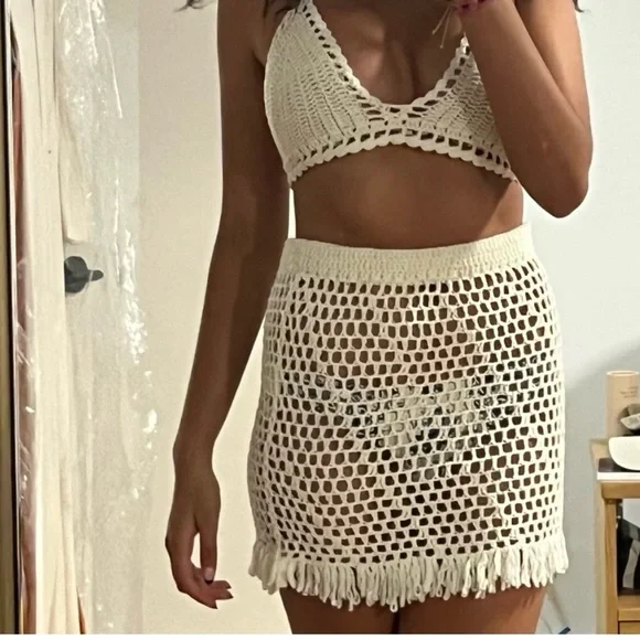 White Fox Boutique Crochet Skirt Fringe White Small Medium - Picture 5 of 10